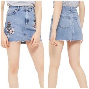 NWT TopShop Embroidered Moto Denim Miniskirt floral 4 blue pink jean